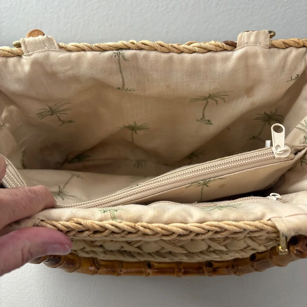 Cappelli Straworld Woven Straw Handbag Bamboo Handle Palm Tree Lining Tan Boho